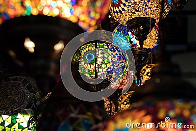 Colorfull Moroccan style lanterns lamp hanging down from ceiling Stock Photo