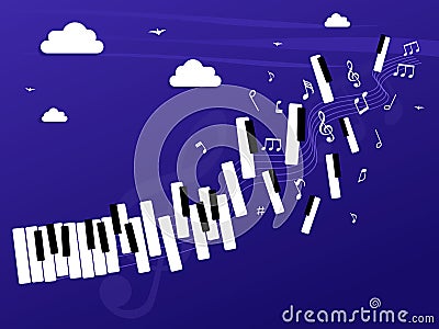 Piano and music color notes on blue background. Abstract sheet of music Vector Illustration