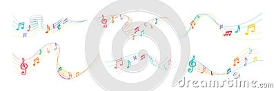 Color music notes. Musical notation lines with note symbols, song waves and musically rainbow vector illustration set Vector Illustration