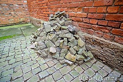 Color natural stone cubes for making outdoor pavement tiles in the street Stock Photo