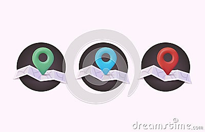 Color navigation pins icons collection. Location folded paper map. Element for Map, Social Media, Mobile Apps. 3D Web Vector Vector Illustration