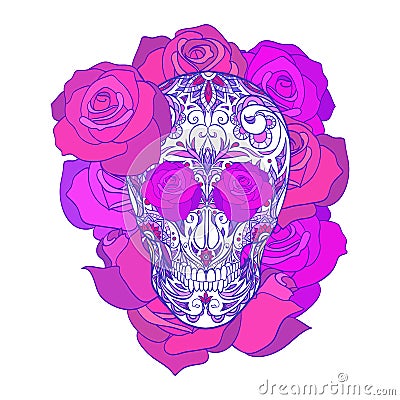 Color neon illustration of a sugar skull with roses. The holiday of the Day of the Dead. Vector Illustration