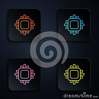 Color neon line Computer processor with microcircuits CPU icon isolated on black background. Chip or cpu with circuit Vector Illustration