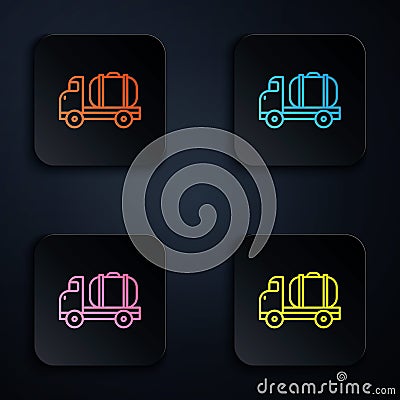 Color neon line Tanker truck icon isolated on black background. Petroleum tanker, petrol truck, cistern, oil trailer Vector Illustration