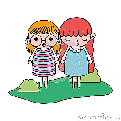 Color nice girls children hairstyle in the landscape Vector Illustration