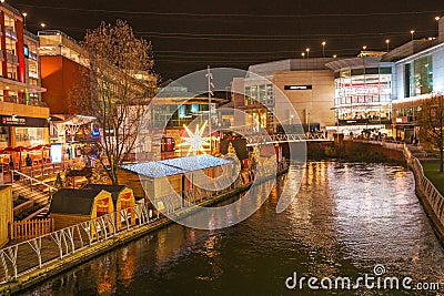 Color Night view of Christmas Decoration of River and Shopping Mall, Reading, Berkshire, South of England Editorial Stock Photo