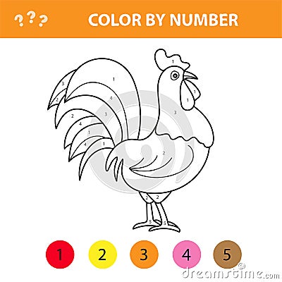 Color by number for children - farm animals rooster, cock Vector Illustration