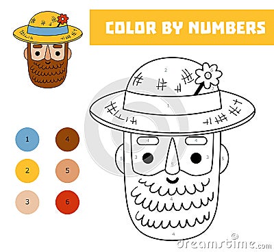 Color by number, education game for kids, Cute bearded farmer in a hat Vector Illustration