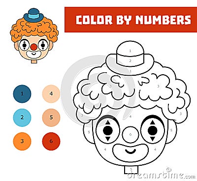 Color by number, education game for kids, Cute cartoon clown face Vector Illustration