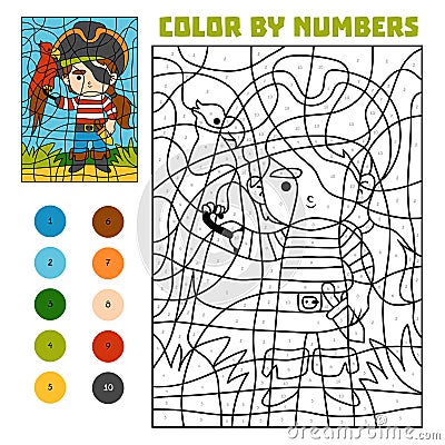 Color by number, education game, Pirate and parrot Vector Illustration