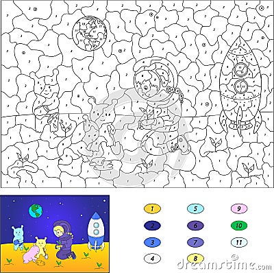 Color by number educational game for kids. Astronaut and aliens Vector Illustration