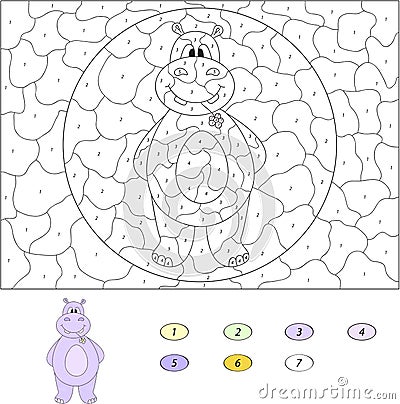 Color by number educational game for kids. Cartoon hippo. Vector Vector Illustration