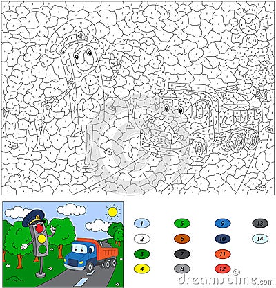 Color by number educational game for kids. Cartoon traffic light Vector Illustration