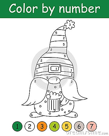 Color by number game for kids. Cute gnome with mug beer. St. Patrick's Day coloring book. Printable worksheet with Vector Illustration