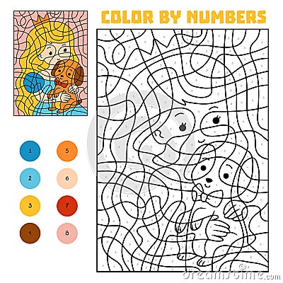 Color by number, Princess and dog Vector Illustration