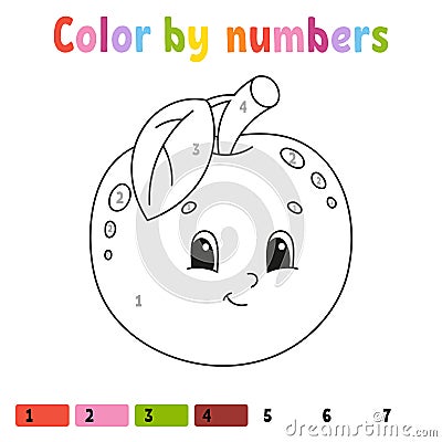 Color by numbers apple. Coloring book for kids. Fruit character. Vector illustration. Cute cartoon style. Hand drawn. Worksheet Vector Illustration