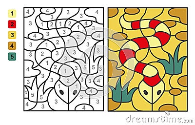 Color by numbers snake, reptile. Puzzle game for children education, colors for drawing and learning mathematics Vector Illustration