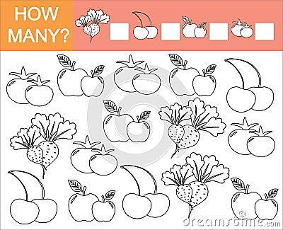 Color objects of vegetables, berry and fruit and count how many Vector Illustration