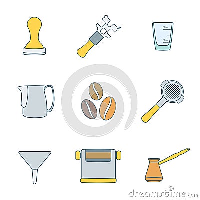 Color outline coffee barista instruments icons set Vector Illustration