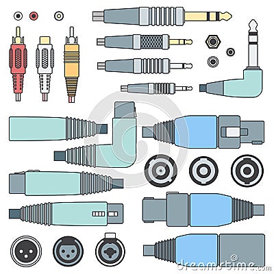 Color outline various audio connectors and inputs set Vector Illustration