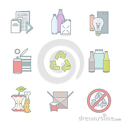 Color outline various waste recycle separate collection Vector Illustration