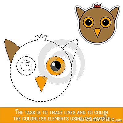 Color Owl Face. Restore dashed lines. Color the picture elements. Page to be color fragments.vector Vector Illustration