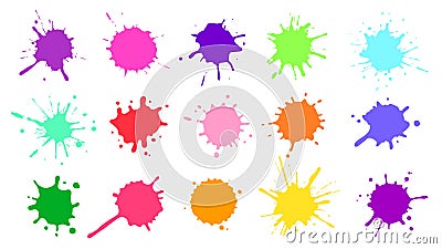 Color paint splatter. Colorful ink stains, abstract paints splashes and wet splats. Watercolor or slime stain vector set Vector Illustration