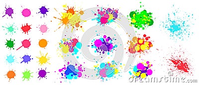 Color paint splatter. Spray paint blot element. Colorful ink stains mess. Watercolor spots in raw, splashes Vector Illustration