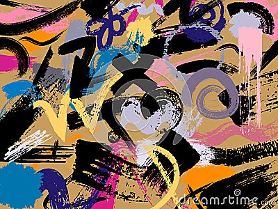 Color painting background. Brush strokes on the gold background. Hand drawn illustration. Vector Vector Illustration