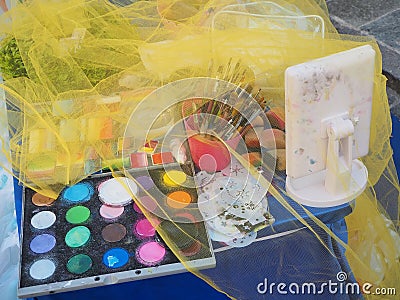 Color palette with brushes of a street artist Stock Photo