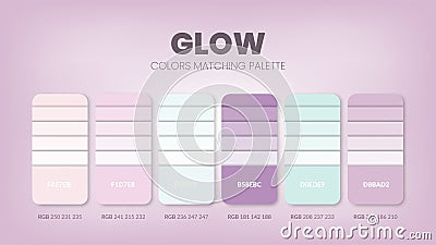 Color palette in a Glow colour theme collections. Color scheme or colors chart template. Color combination set of RGB, HSL and HEX Vector Illustration