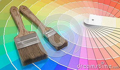 Color palette - guide of paint samples and painting brushes. 3D rendered illustration Cartoon Illustration