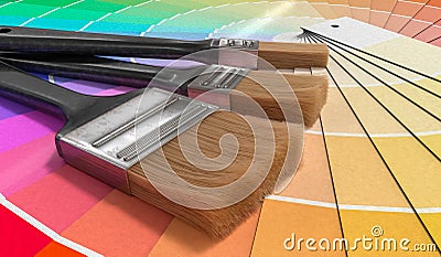 Color palette - guide of paint samples and painting brushes. 3D rendered illustration Cartoon Illustration