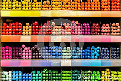 Color palette - multi-colored markers on the store counter for designers and artists. Preparation for school. tools for creativity Stock Photo