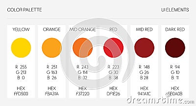 Color palette, ui elements. RGB vector illustration, colour set template. Yellow, orange, red, marsala tone on white Vector Illustration