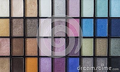 Color pallet for make up showing many different colors and color shades. Picture up close with beautiful lights. Stock Photo