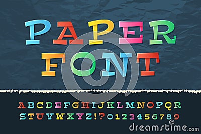 Color paper alphabet. Funny cartoon holiday font. School kids vector letters and numbers Vector Illustration