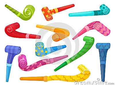Color party blowers. Paper blower for birthday or festival time. Children toys or fans accessories. Tube horns Vector Illustration