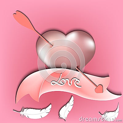Pastel rose ribbon with word love and rose gold heart with paper cut , feathers and arrow, valentine day vector illustration Vector Illustration
