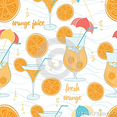 Color pattern contemporary classics summer orange cocktails on white background with light blue waves. Stock Photo