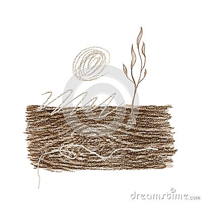 Color pencil abstract illustration with a brown shape with a wood texture, a brown twig, lines and helix. Cartoon Illustration