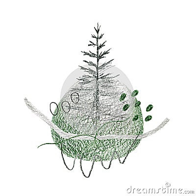 Color pencil abstract illustration with gray and green shape, lines, tree, dots. Gray and green square picture Cartoon Illustration