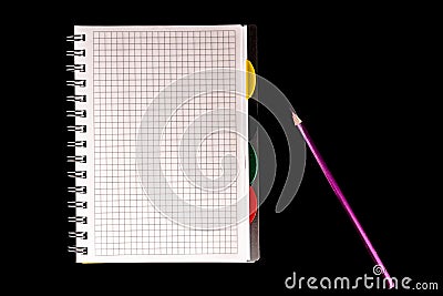 color pencil and notebook, isolate on black background Stock Photo