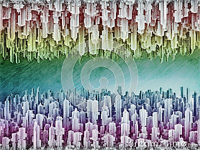 Reversible Futuristic Megalopolis City Of Skyscrapers Cartoon Illustration