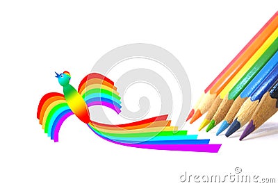 Color Pencils and a bird-rainbow Stock Photo