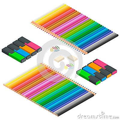 Color pencils, Multicolored highlighters, highlighters, colorful paperclips isolated on white background close up. Vector Illustration