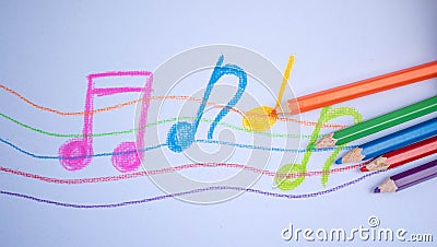 Color pencils place on white paper background with Music note drawing. Education concept Stock Photo