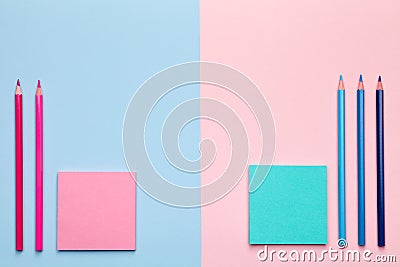 Color Pencils with Sticky Notes on Pastel Background Stock Photo