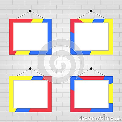 Color photo frames on a gray brick wall background. A set of four realistic color photo frames. Cartoon Illustration