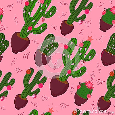 Color pink cactus christmas pattern. Vector graphics Stock Photo